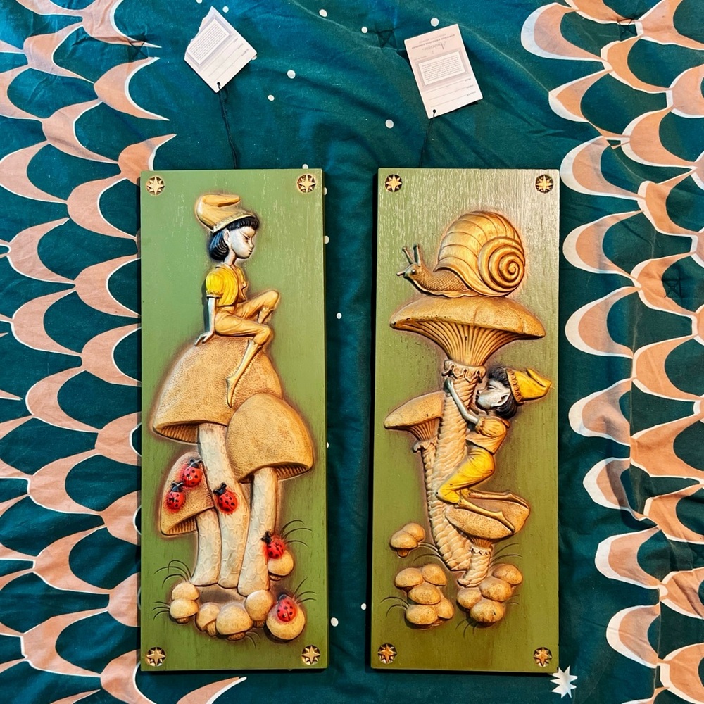 1970s Deadstock Burwood Products Co Arabesque Elves Mushroom Snail Wall Plaques - Picture 6 of 6